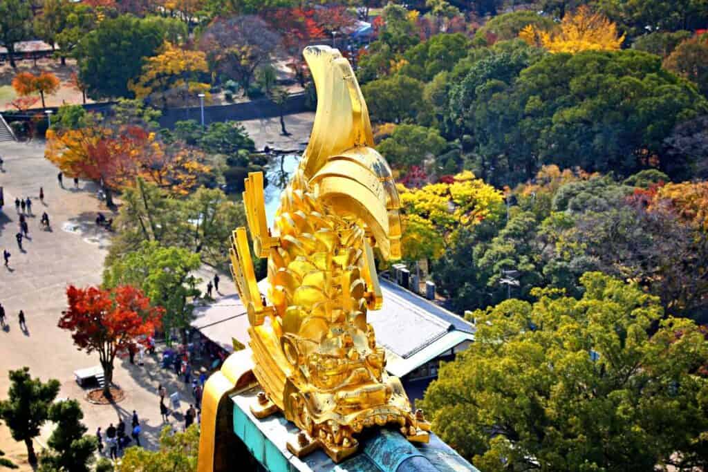 Osaka Castle observation deck, and sculpture of golden fish